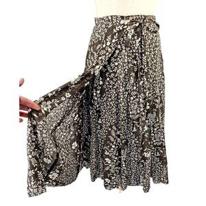 Martin + Osa Silk Cotton Wrap Skirt Stitch Down Pleats Brown White Floral 12 NEW